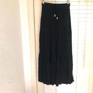 Haeof Maxi Skirt Black Boho Black Tiered Ruffle Sz XS Stretch & Tie Waist Hippie